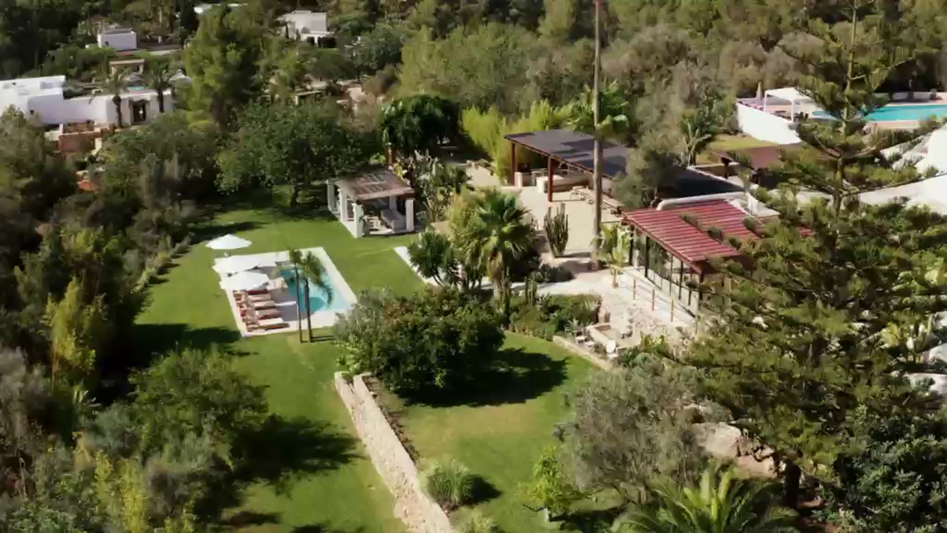 Aerial view of the garden and pool